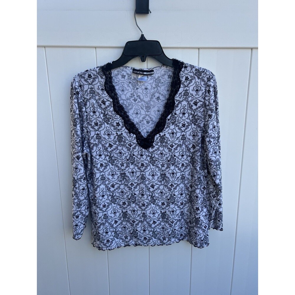 Vintage Studio Donatella Coquette Top Women Black Lace Trim Floral Sz Small